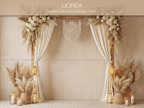 Fond photo Liorea – rideaux blancs avec macramé, pampa et bougies | Colors&Drops