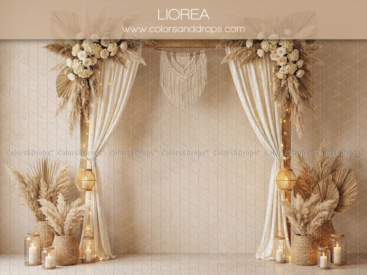 Photo backdrop Liorea – white curtains with macramé, pampas grass and candles | Colors&Drops