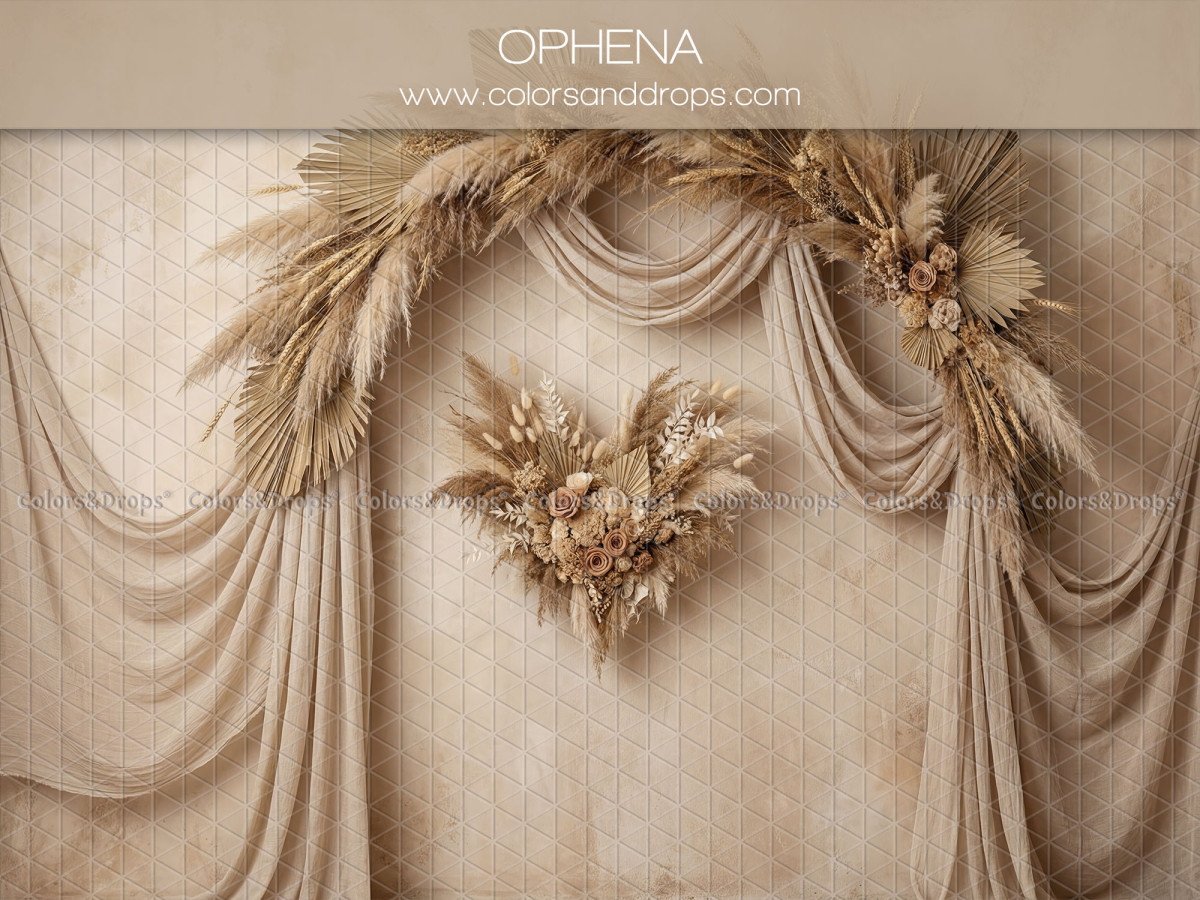 Boho photo backdrop Ophena – beige draped fabric with pampas heart | Colors&Drops