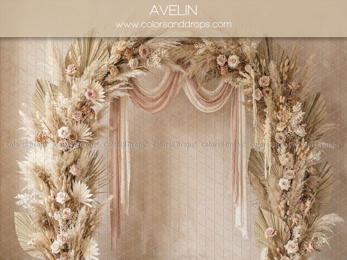 Boho photo backdrop Avelin – pampas and flower arch with pink sheer drape | Colors&Drops