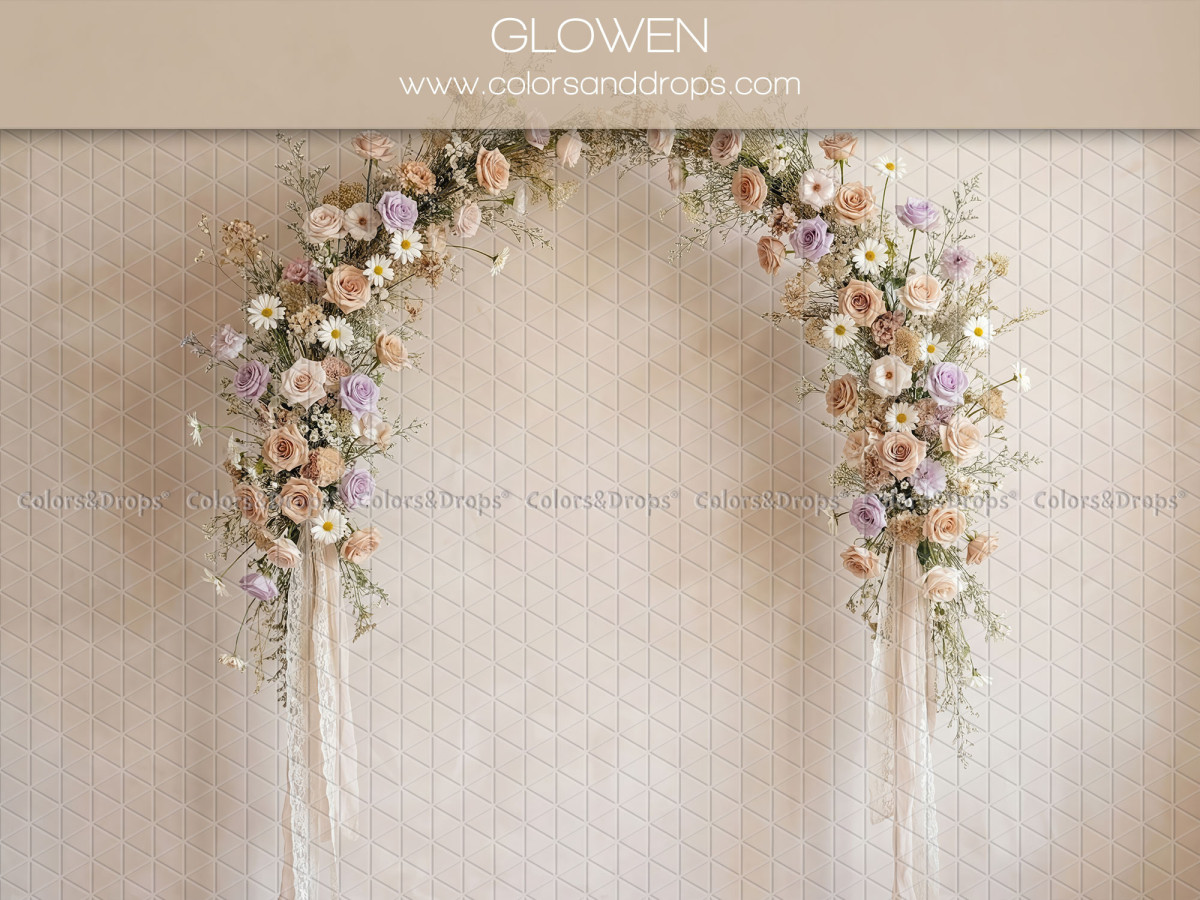 Fond photo bohème Glowen – arche de fleurs pastel avec rubans | Colors&Drops