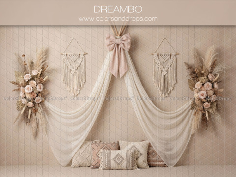 Boho photo backdrop Dreambo – draped sheer with macramés, pink bow and cushions | Colors&Drops