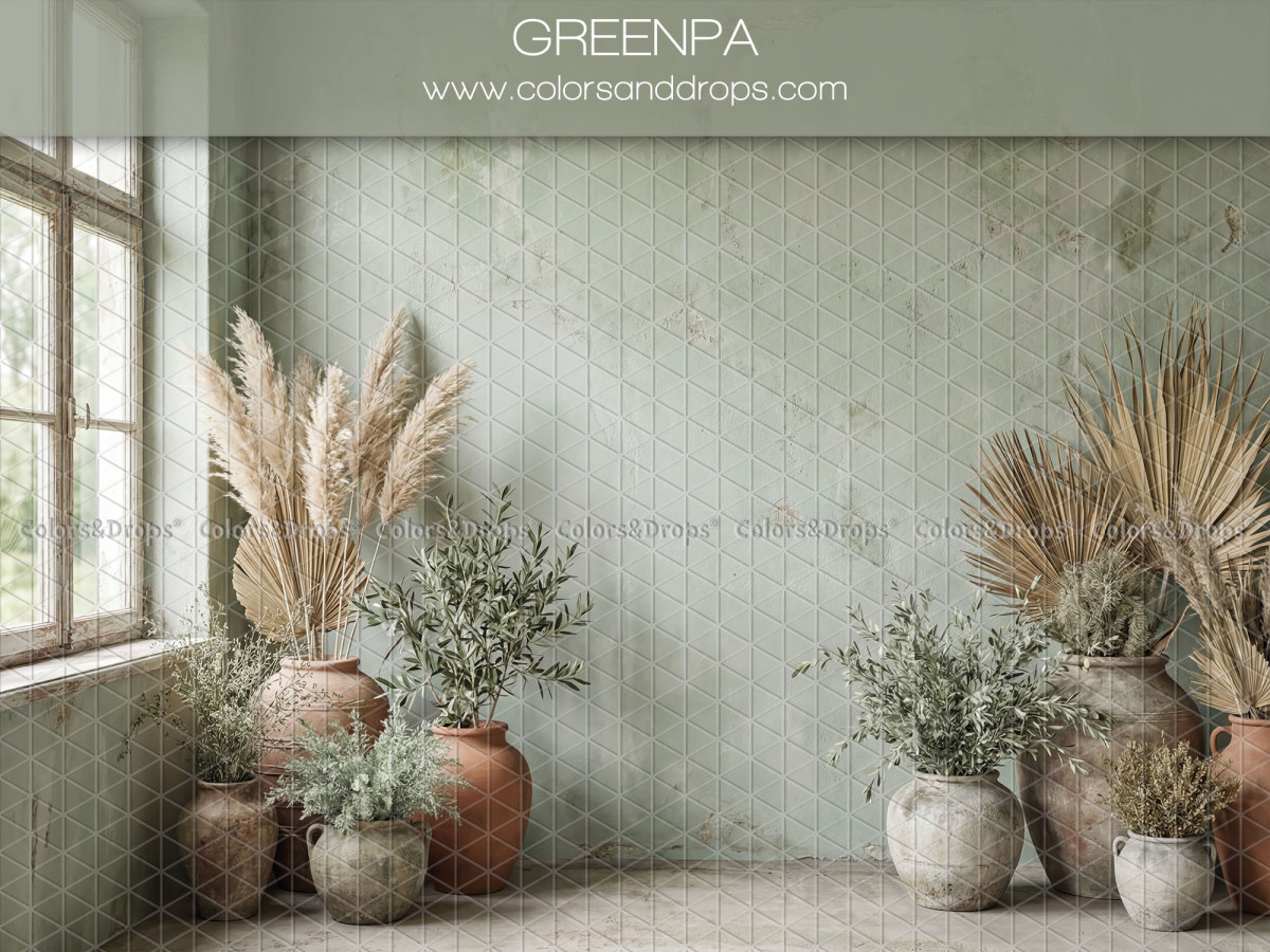 Boho photo backdrop Greenpa – sage green room with window, pampas grass and jars | Colors&Drops