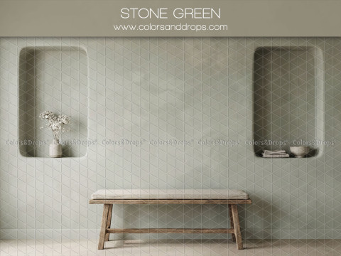 Fond photo bohème Stone Green – mur vert sauge avec niches et banc en bois | Colors&Drops