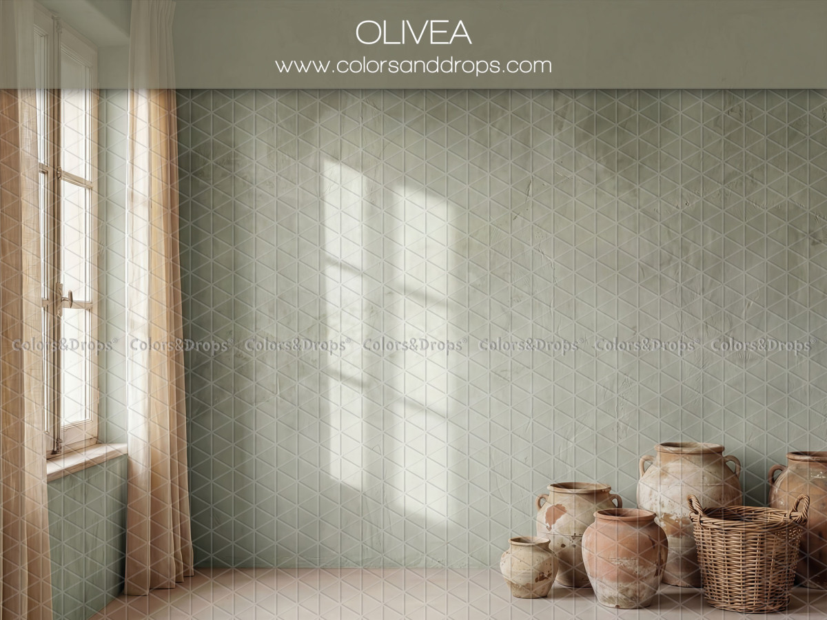 Boho photo backdrop Olivea – sage green room with window, curtain and jars | Colors&Drops
