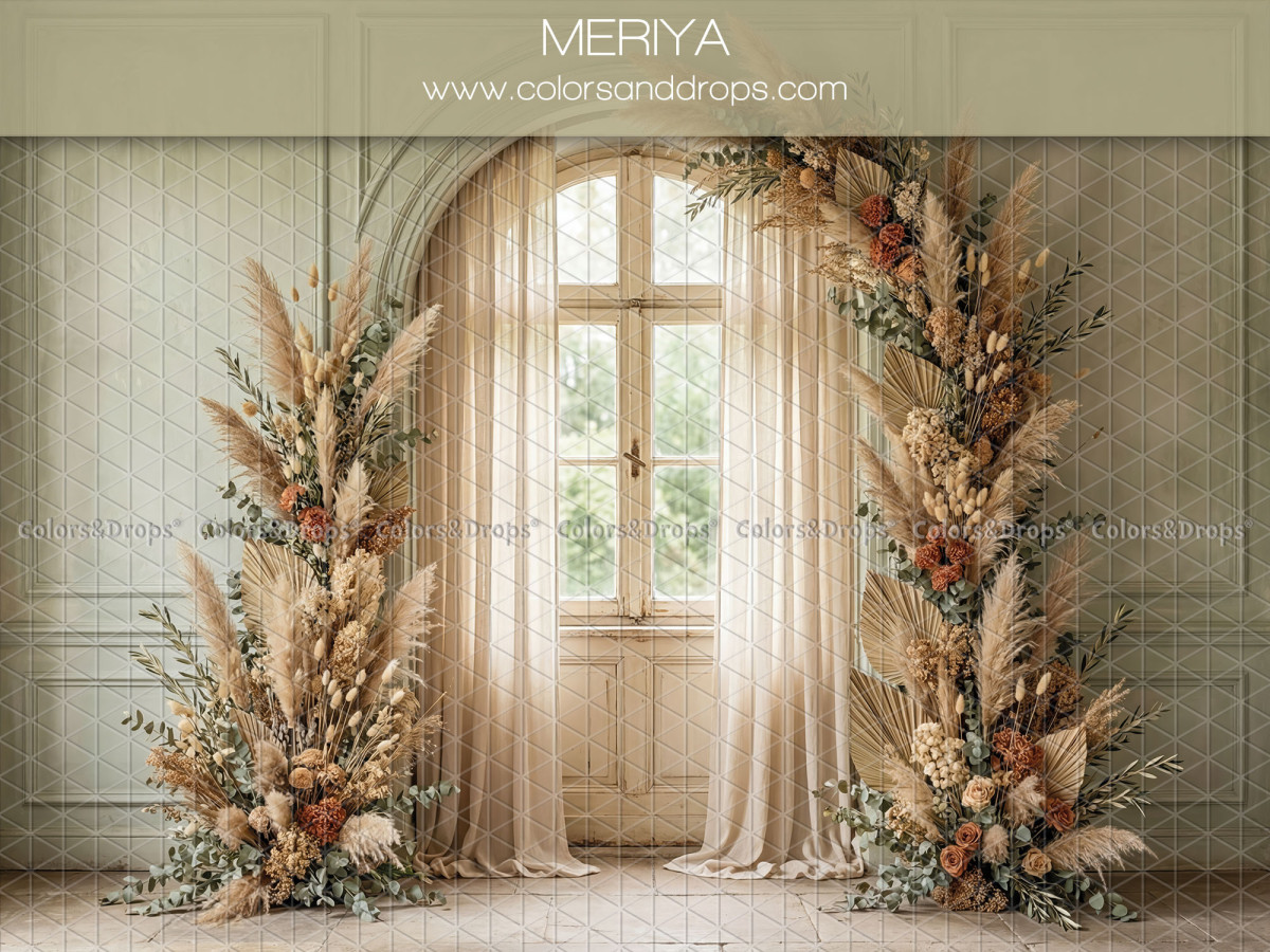 Boho photo backdrop Meriya – arched French window with pampas arch | Colors&Drops