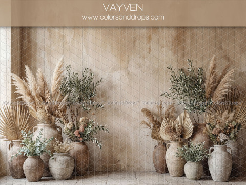 Fond photo bohème Vayven – mur patiné beige avec jarres, pampa et oliviers | Colors&Drops
