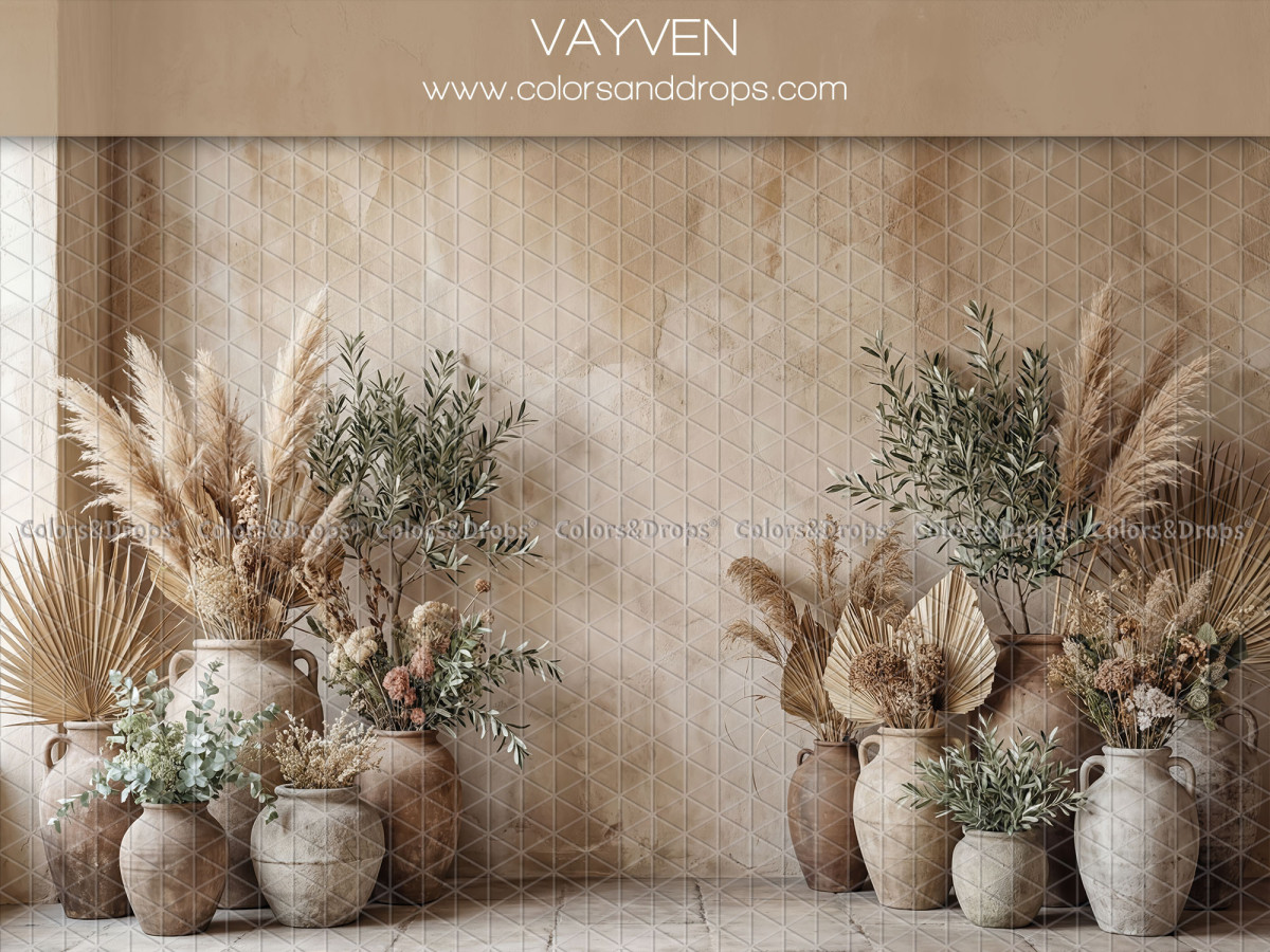 Boho photo backdrop Vayven – beige weathered wall with jars, pampas grass and olive trees | Colors&Drops