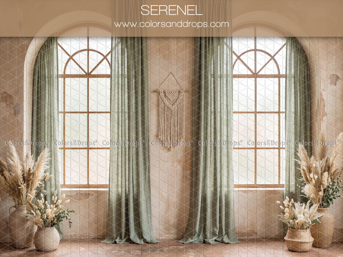 Boho photo backdrop Valyne – arched windows with green curtains and macramé | Colors&Drops