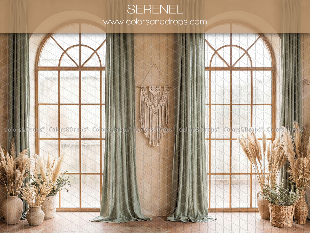 Boho photo backdrop Serenel – arched windows with sage curtains and pampas grass | Colors&Drops