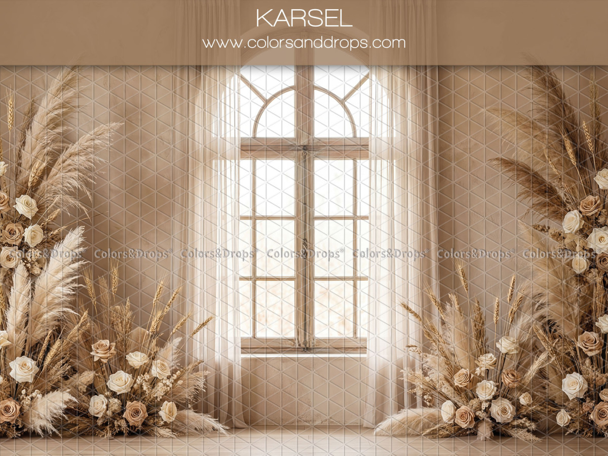 Fond photo bohème Karsel – fenêtre cintrée avec voilages et pampa | Colors&Drops