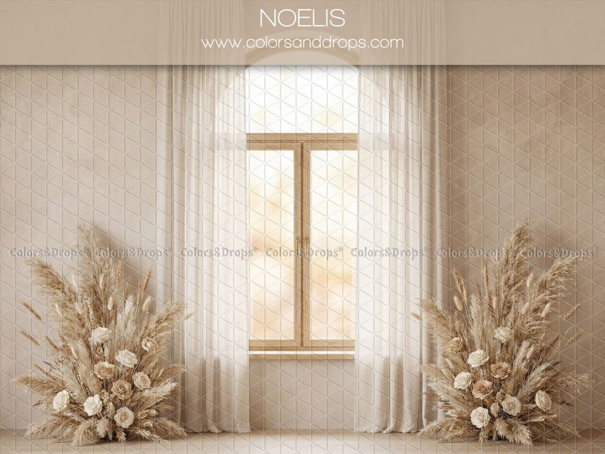 Boho photo backdrop Noelis – window with white sheers and pampas bouquets | Colors&Drops