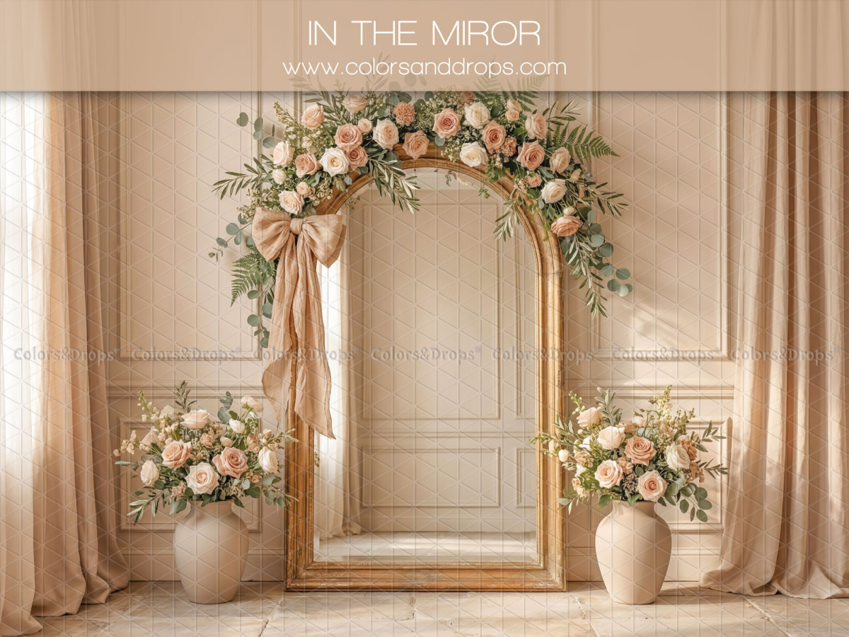 Boho photo backdrop In the Miror – flowered arched mirror with curtains and vases | Colors&Drops