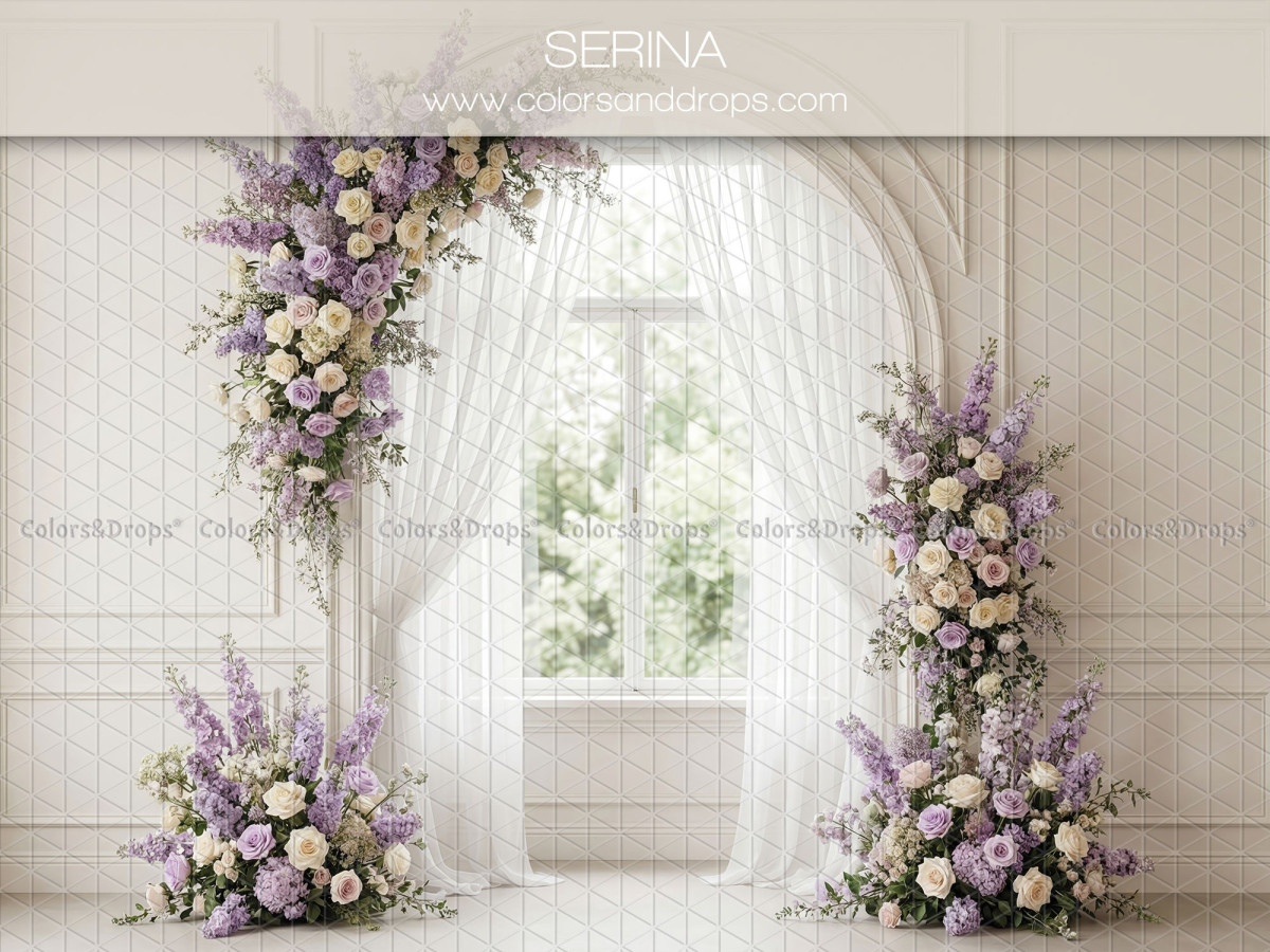 Boho photo backdrop Serina – arched window with purple flowers and sheers | Colors&Drops