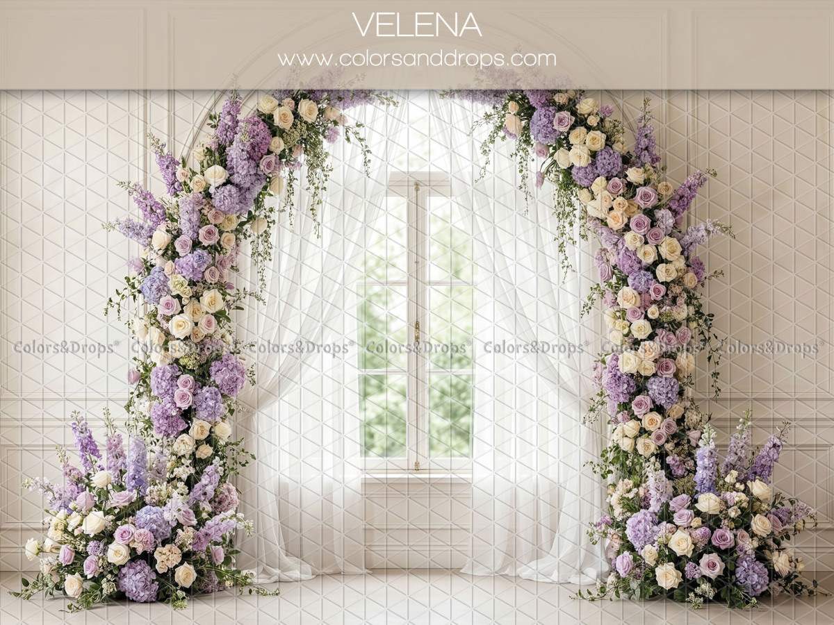 Boho photo backdrop Velena – purple flower arch in front of window | Colors&Drops