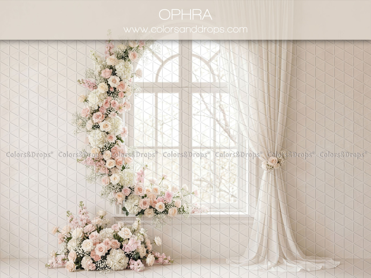 Boho photo backdrop Ophra – window with half arch of roses and sheer curtain | Colors&Drops
