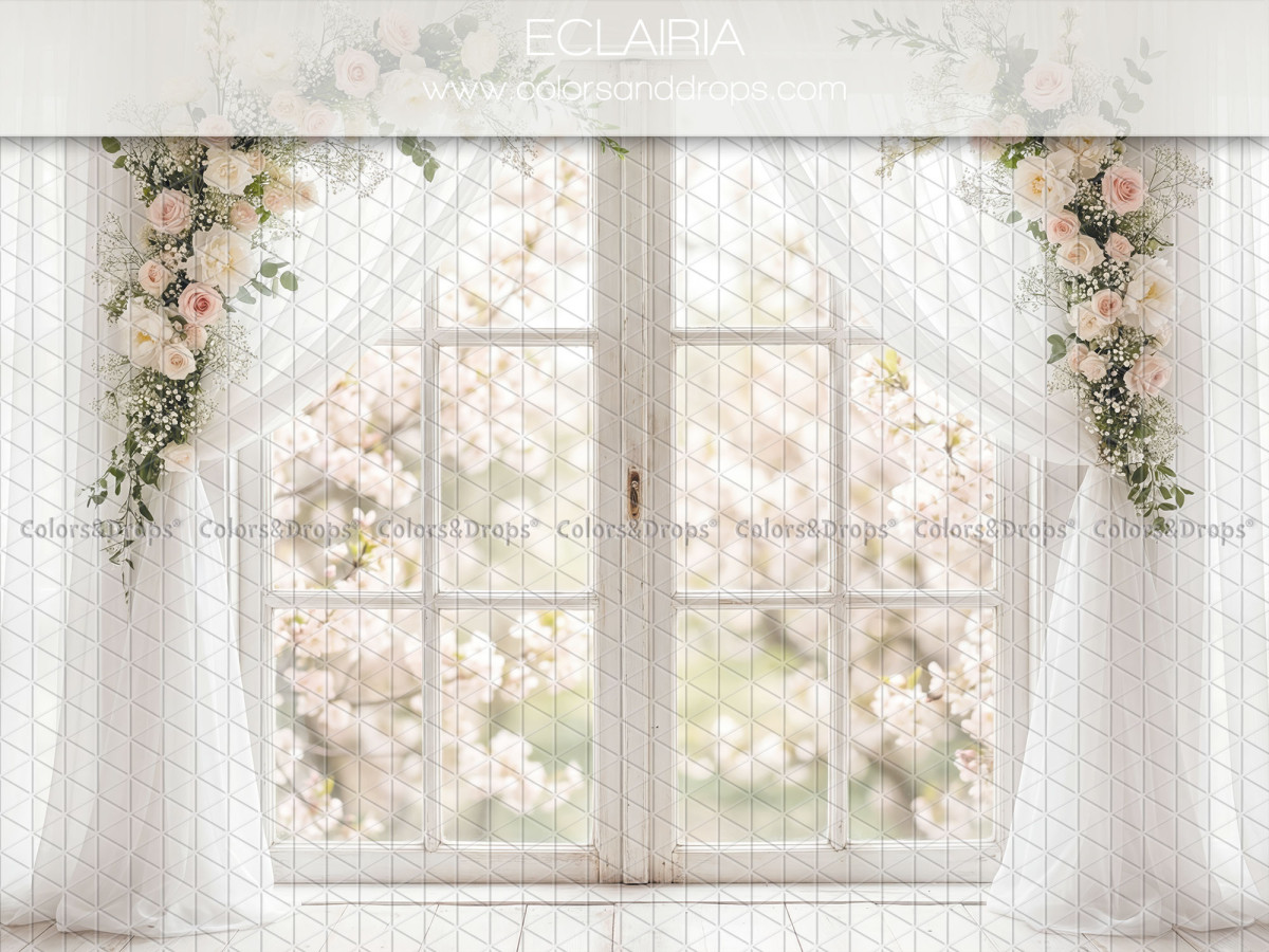 Boho photo backdrop Eclairia – large window with sheers and blossoming trees | Colors&Drops