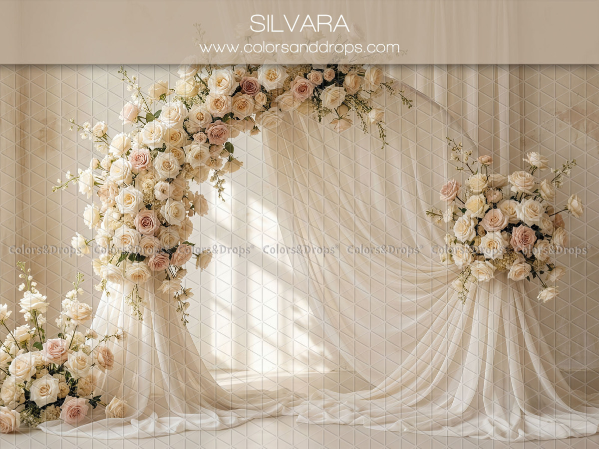 Boho photo backdrop Silvara – rose arch with white draped sheers | Colors&Drops