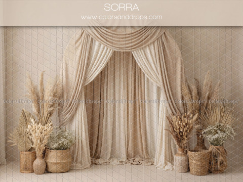 Fond photo bohème Sorra – rideaux drapés beige avec pampa et paniers | Colors&Drops