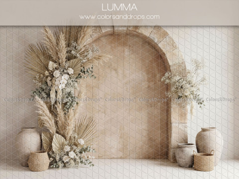 Fond photo bohème Lumma – niche voûtée avec pampa et vases en céramique | Colors&Drops