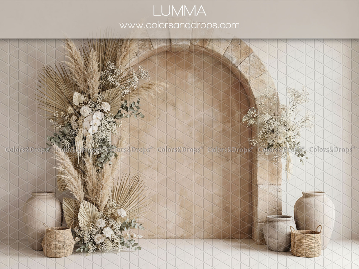 Boho photo backdrop Lumma – arched alcove with pampas grass and ceramic vases | Colors&Drops