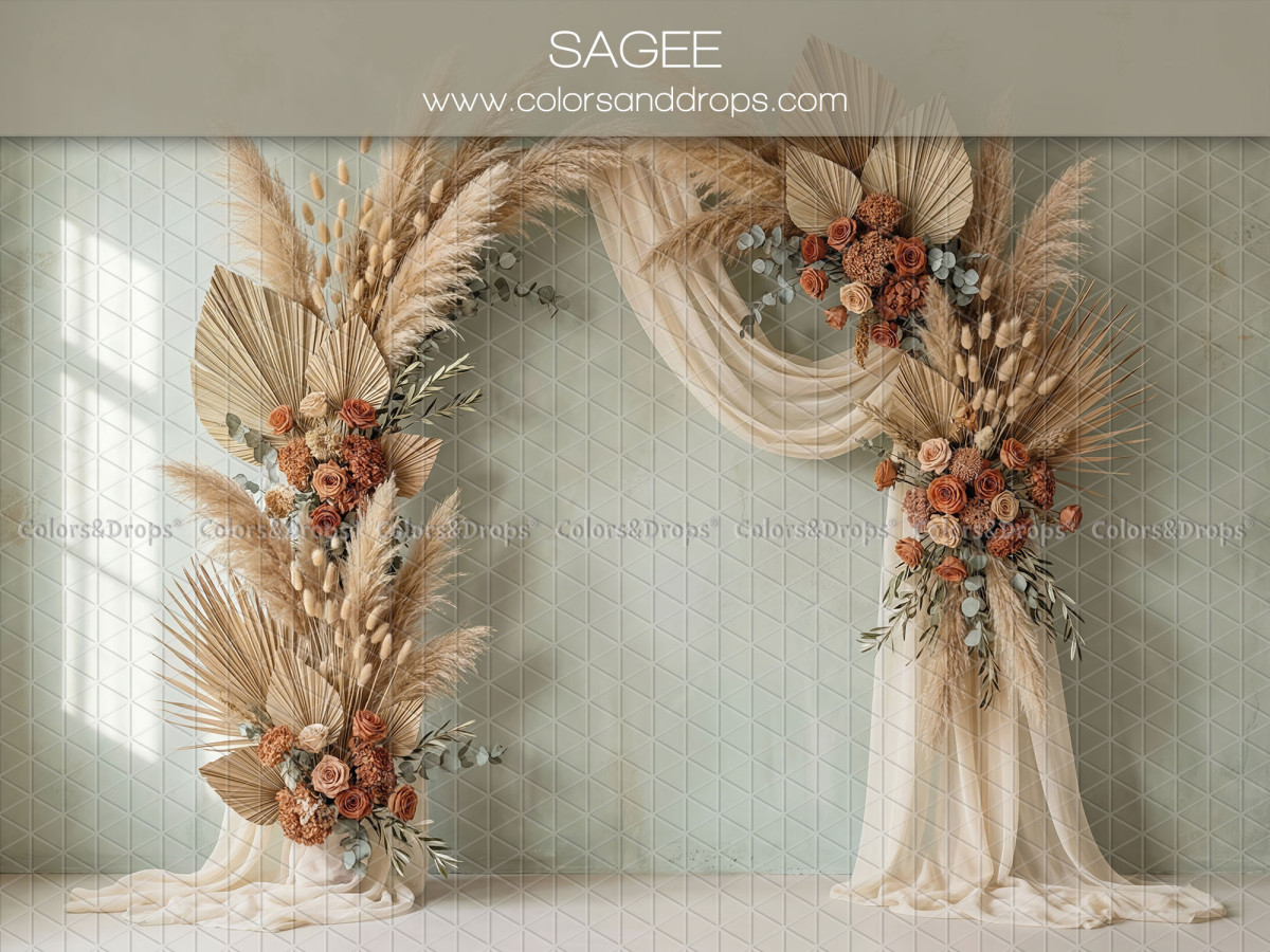 Boho photo backdrop Sagee – pampas and flower arch with sheer on green wall | Colors&Drops