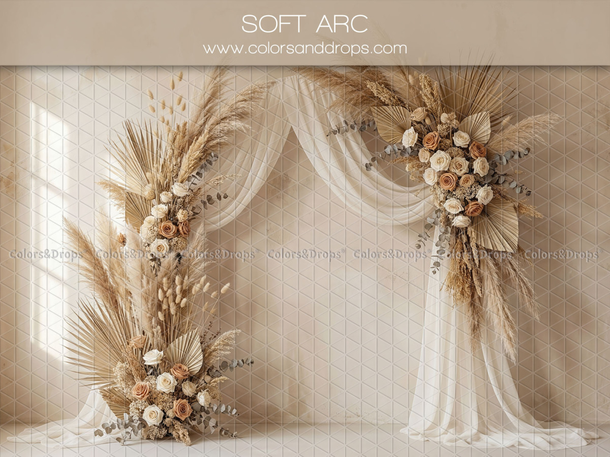 Fond photo bohème Soft Arc – arche de pampa avec voilage drapé crème | Colors&Drops