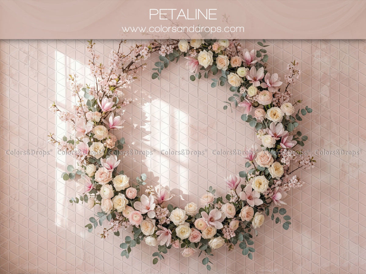 Fondo fotográfico boho Petaline – corona redonda de rosas en pared rosa | Colors&Drops