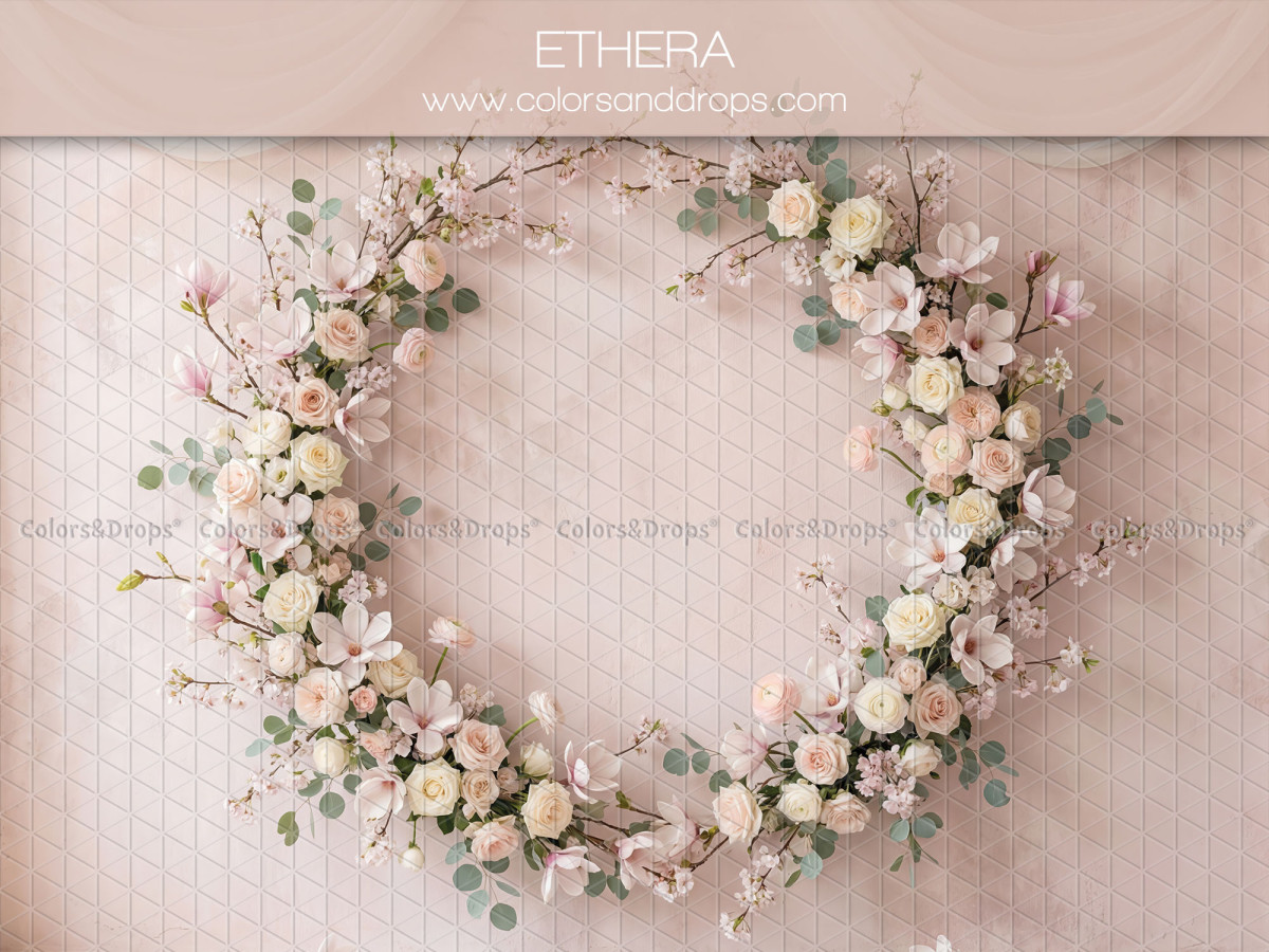 Fondo fotográfico boho Ethera – corona de rosas y ramas floridas en pared rosa | Colors&Drops