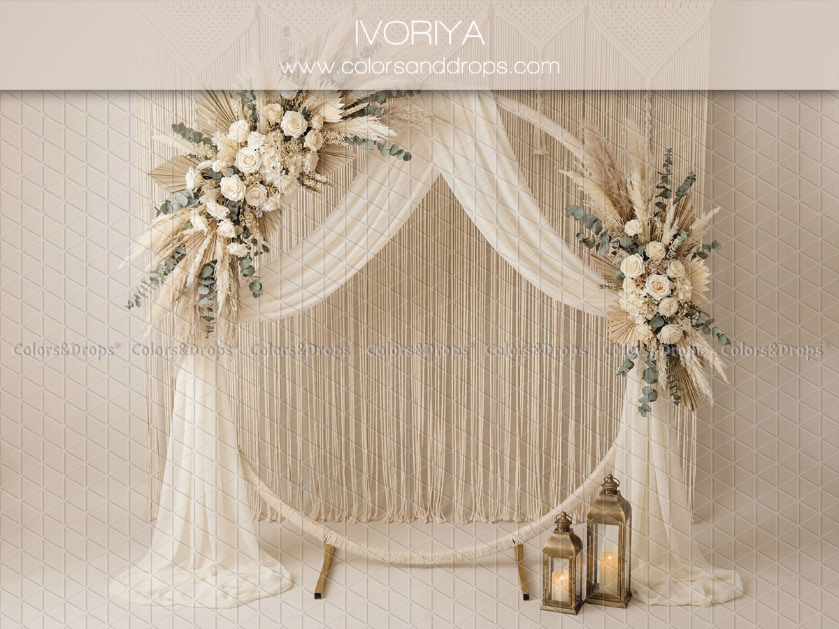 Fondo fotográfico boho Ivoriya – arco redondo con visillo, flores y faroles | Colors&Drops
