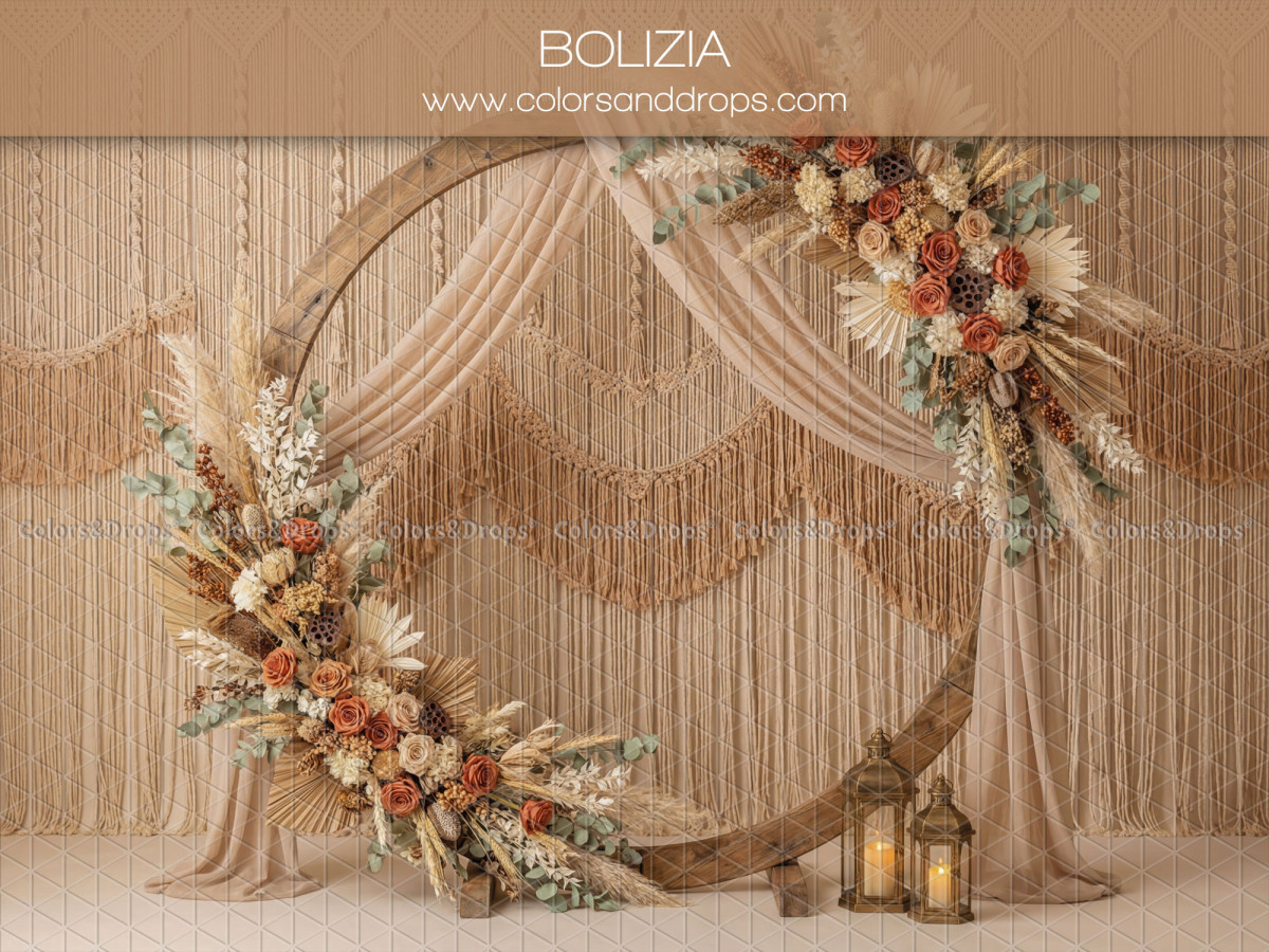 Fondo fotográfico boho Bolizia – arco redondo florido con cortina de macramé | Colors&Drops