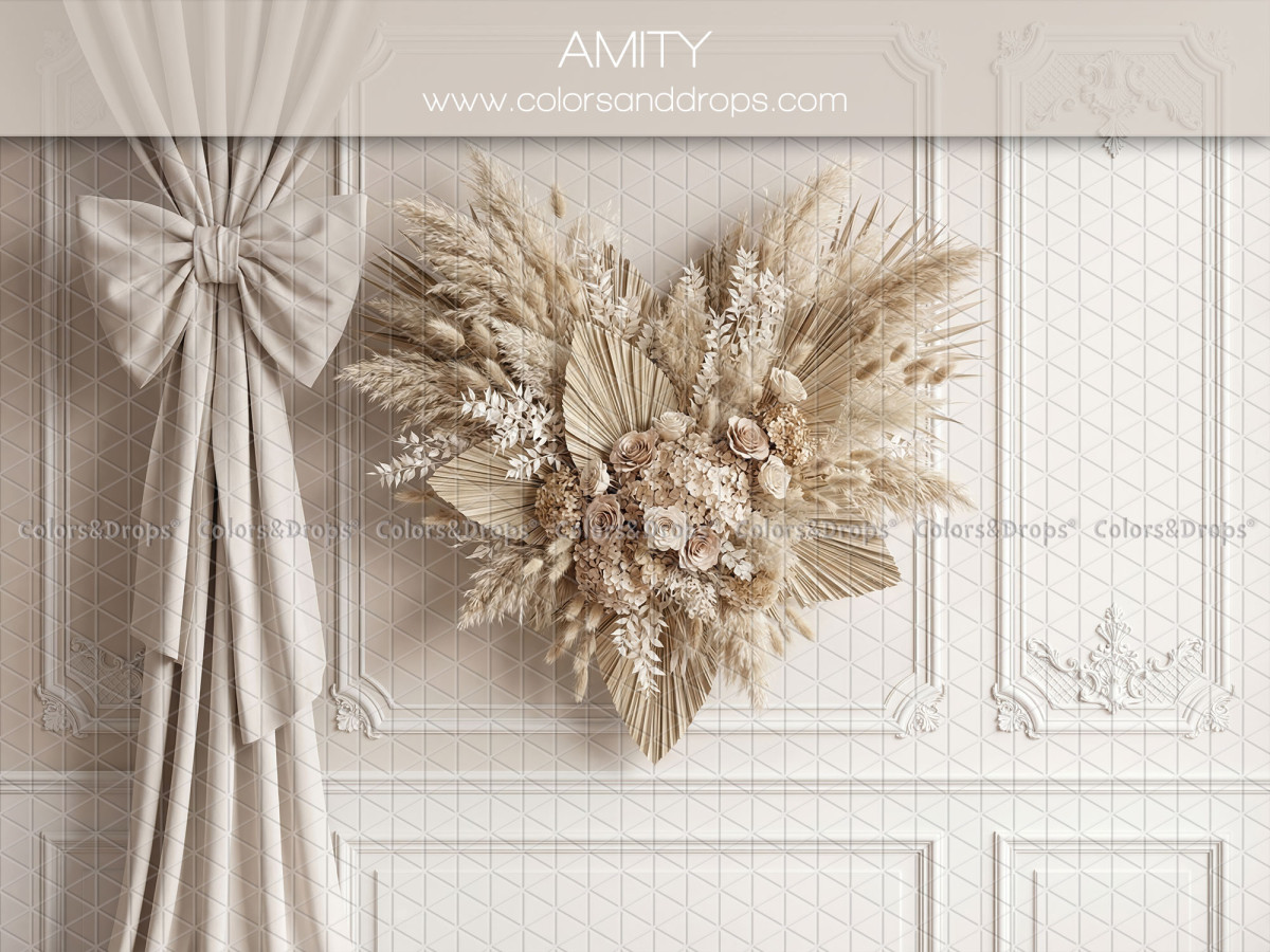 Fondo fotográfico boho Amity – corazón de pampa y lazo beige en pared con molduras | Colors&Drops