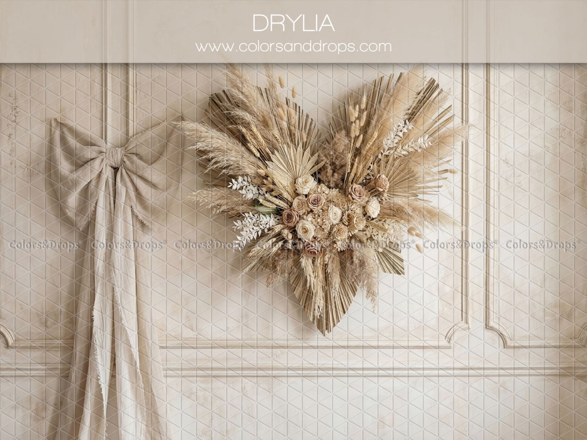 Fondo fotográfico boho Drylia – corazón de flores secas y lazo en pared con molduras | Colors&Drops