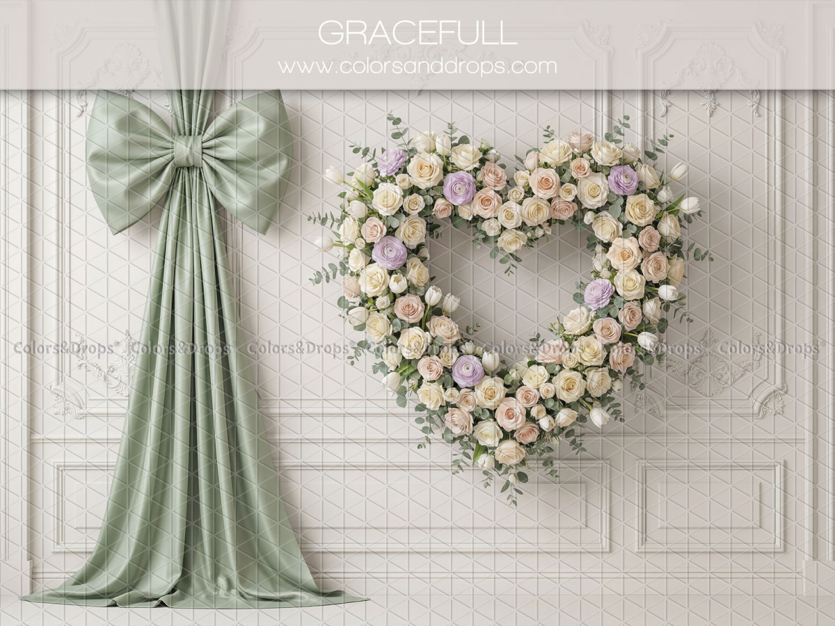 Fondo fotográfico boho Gracefull – corazón de flores y lazo verde salvia sobre molduras | Colors&Drops