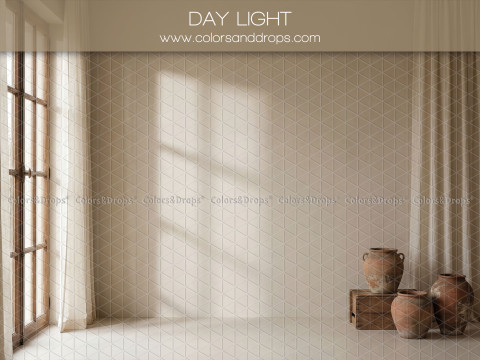 Fond photo bohème Day Light – pièce lumineuse avec fenêtre, rideau et jarres | Colors&Drops