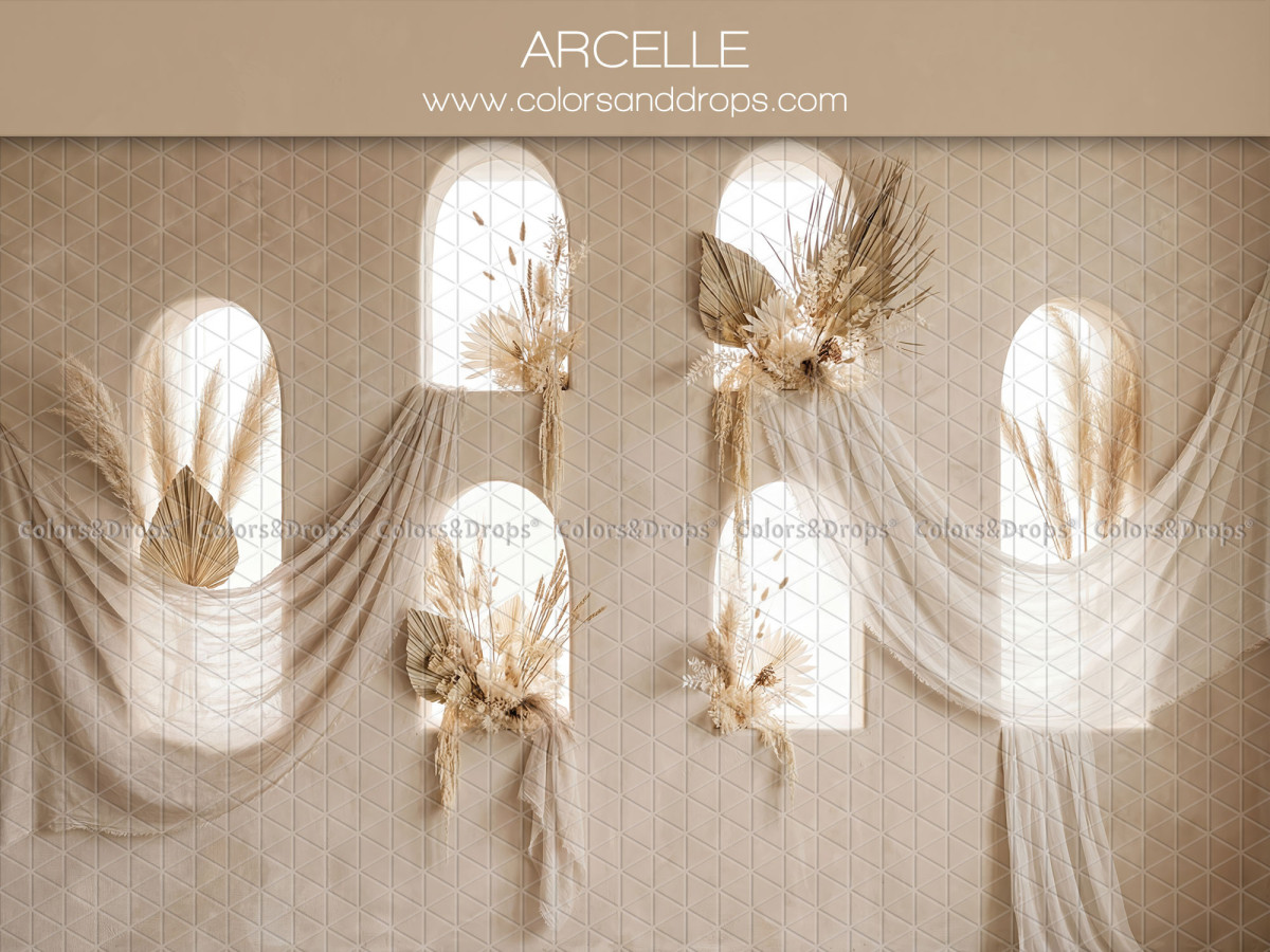 Boho photo backdrop Arcelle – wall with arched windows, sheers and pampas grass | Colors&Drops