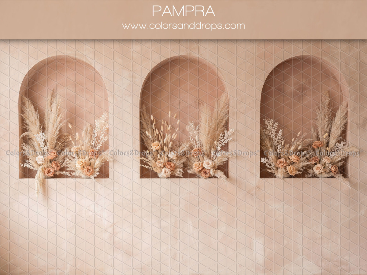 Fond photo bohème Pampra – trois niches voûtées roses avec fleurs séchées | Colors&Drops