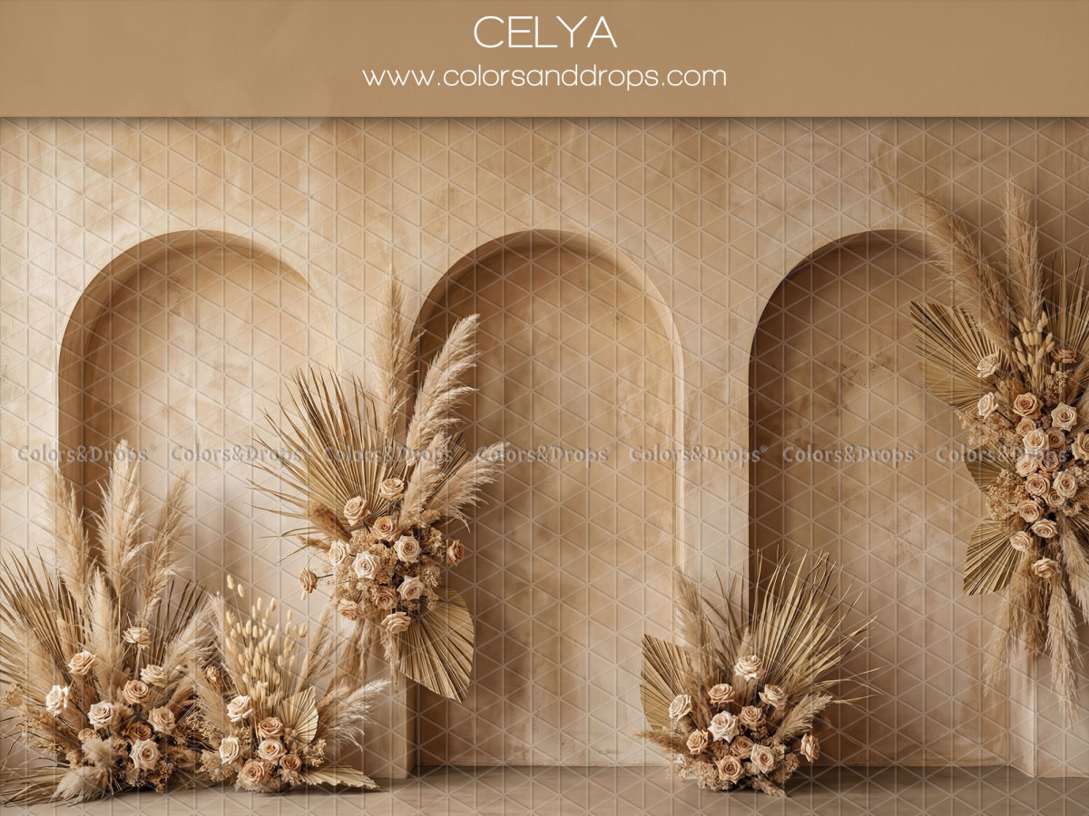 Boho photo backdrop Celya – beige arcades with pampas and flower bouquets | Colors&Drops