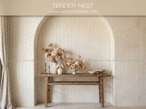 Boho photo backdrop Tender Nest – arched niche with wooden console and flowers | Colors&Drops