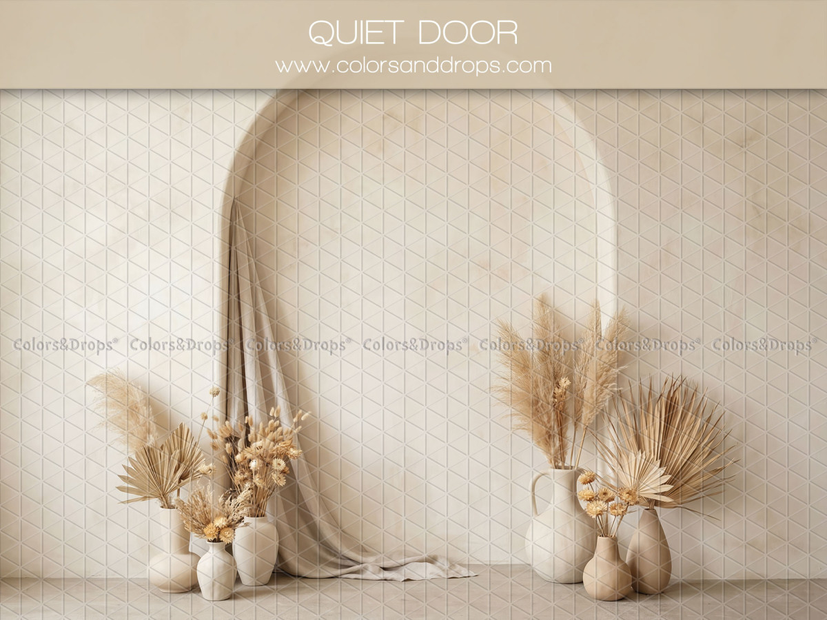 Fondo fotográfico boho Quiet Door – arco con visillo, pampa y jarrones blancos | Colors&Drops