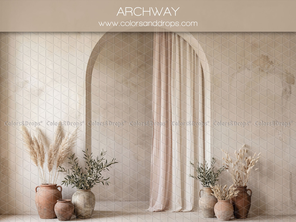 Boho photo backdrop Archway – arch with curtain, plants and clay pots | Colors&Drops
