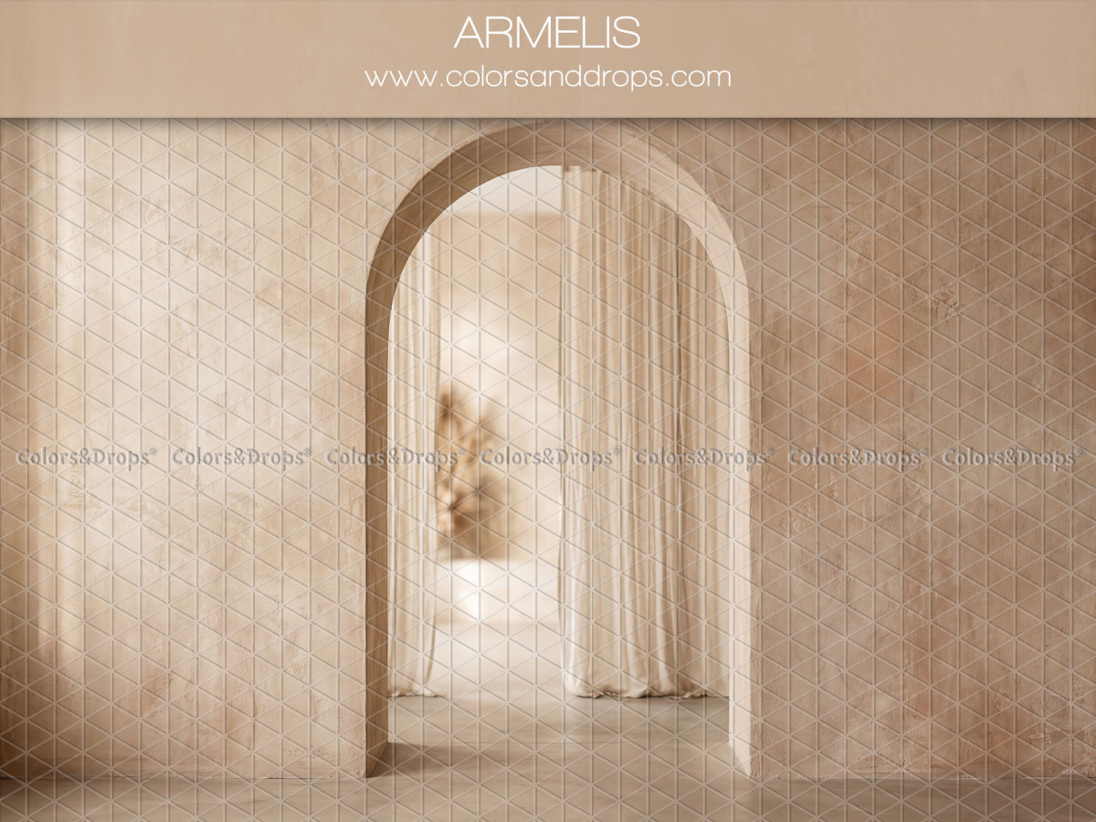 Boho photo backdrop Armelis – vaulted passage with curtains in succession | Colors&Drops