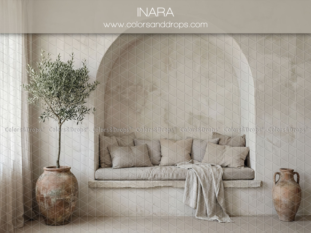 Fondo fotográfico boho Inara – alcoba abovedada con banco, cojines y olivo | Colors&Drops