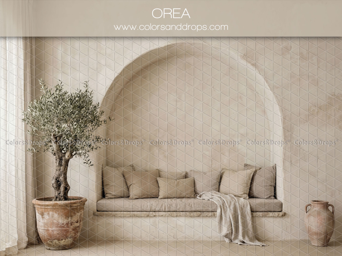 Boho photo backdrop Orea – vaulted alcove with bench seat and potted olive tree | Colors&Drops