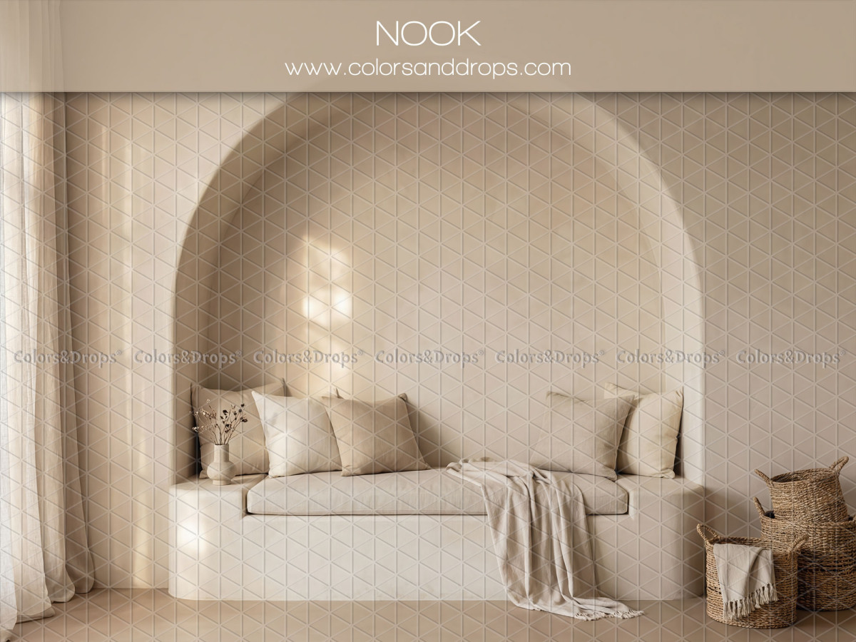 Boho photo backdrop Nook – sunlit vaulted alcove with bench seat and cushions | Colors&Drops