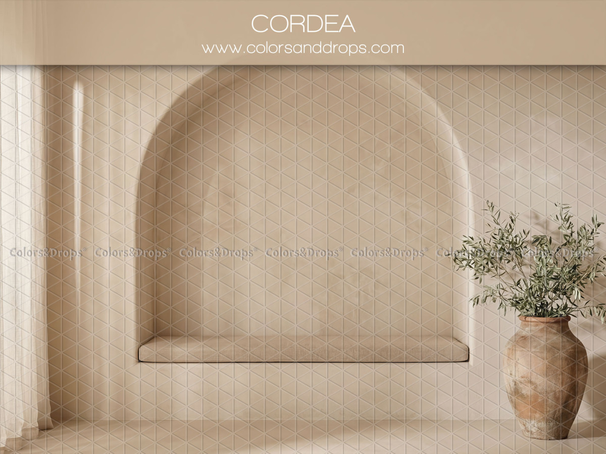 Boho photo backdrop Cordea – empty vaulted alcove with bench seat and olive tree | Colors&Drops