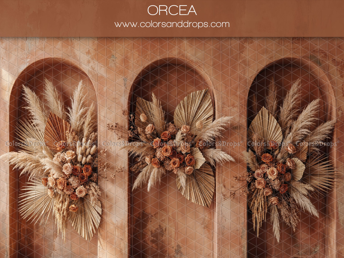 Fondo fotográfico boho Orcea – tres hornacinas abovedadas terracota con pampa | Colors&Drops