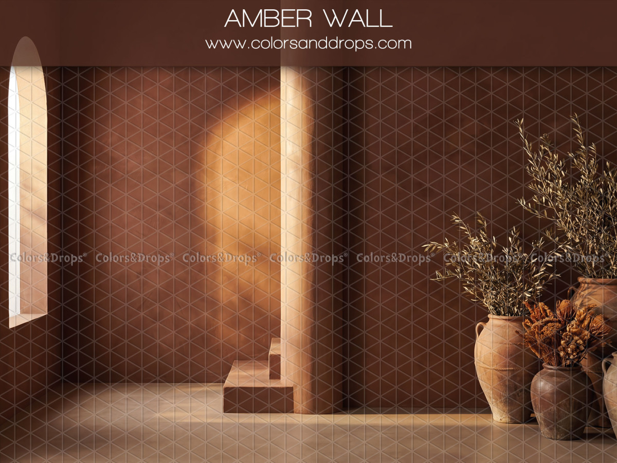Fond photo bohème Amberwall – pièce terracotta avec colonne, fenêtre et jarres | Colors&Drops