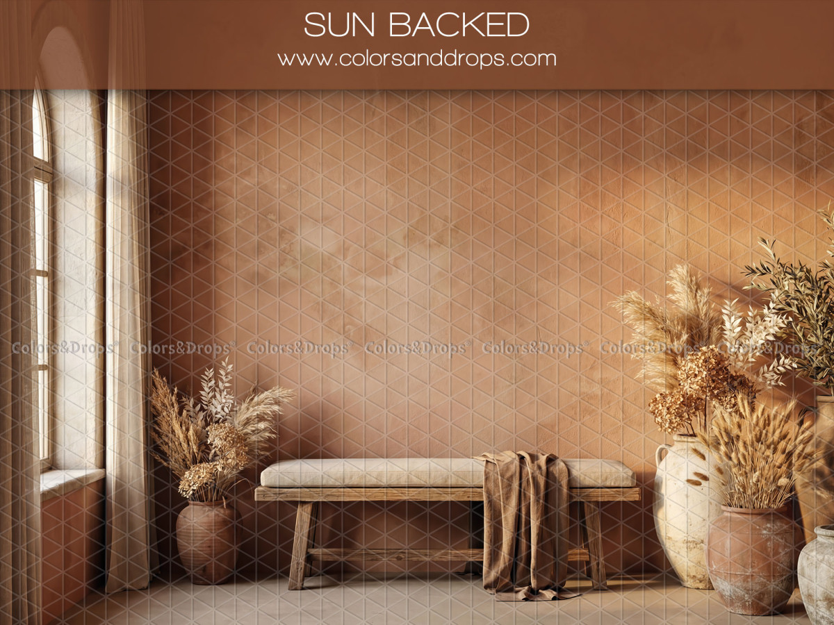 Fond photo bohème Sun Backed – pièce terracotta avec banc et vases de pampa | Colors&Drops