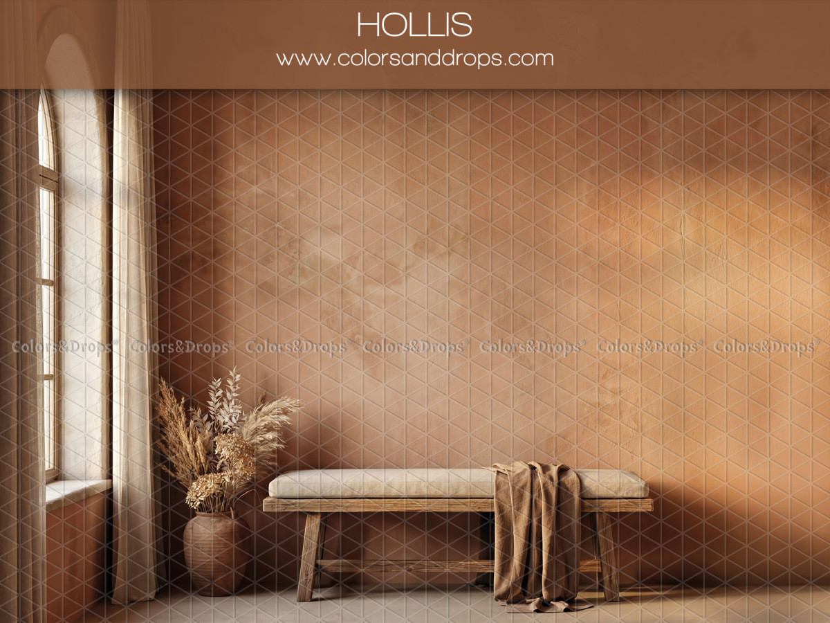 Fond photo bohème Hollis – pièce terracotta avec banc, fenêtre et rideau | Colors&Drops
